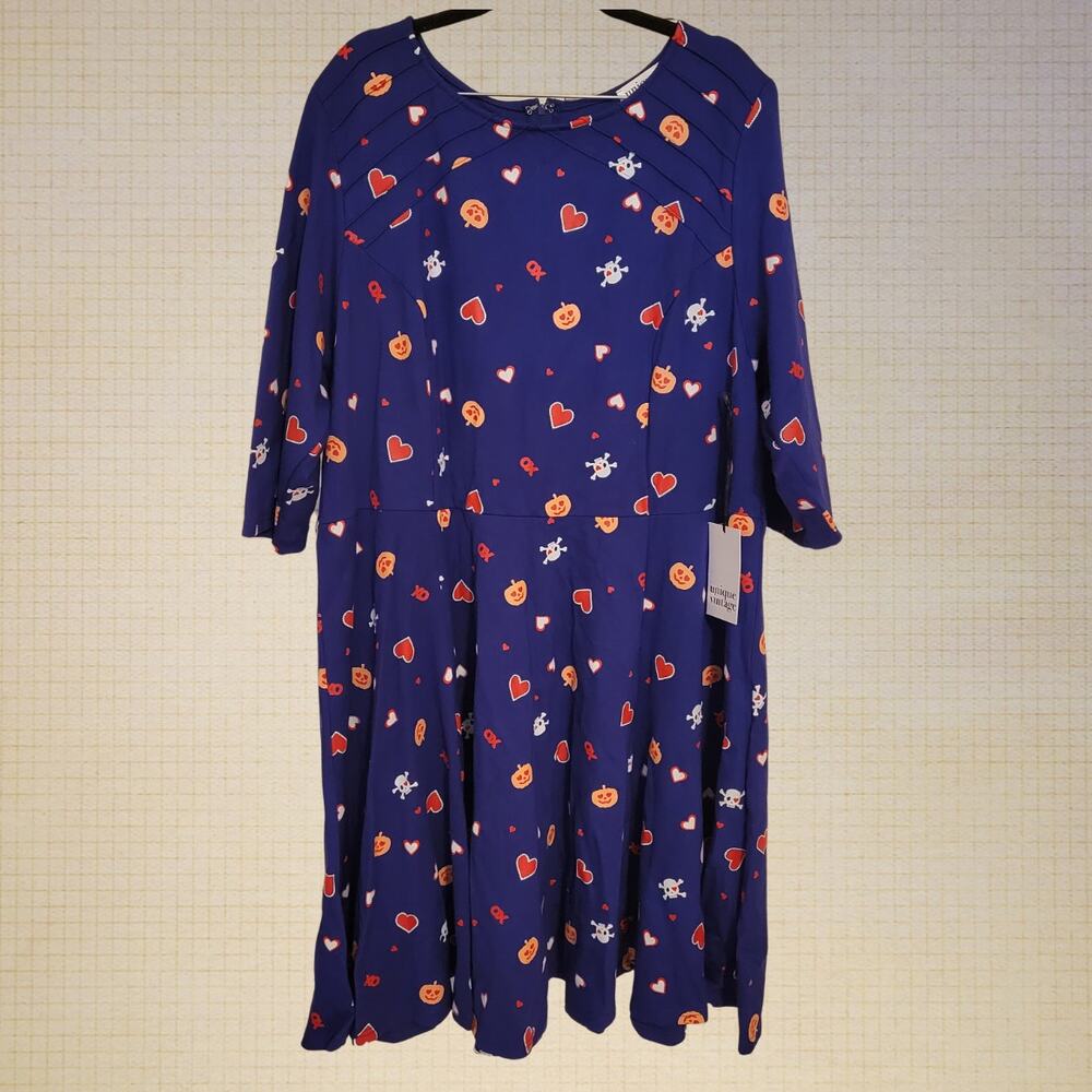 Unique Vintage Plus Size 5X Halloween Fit and Flare Dress Blue Pumpkin Print